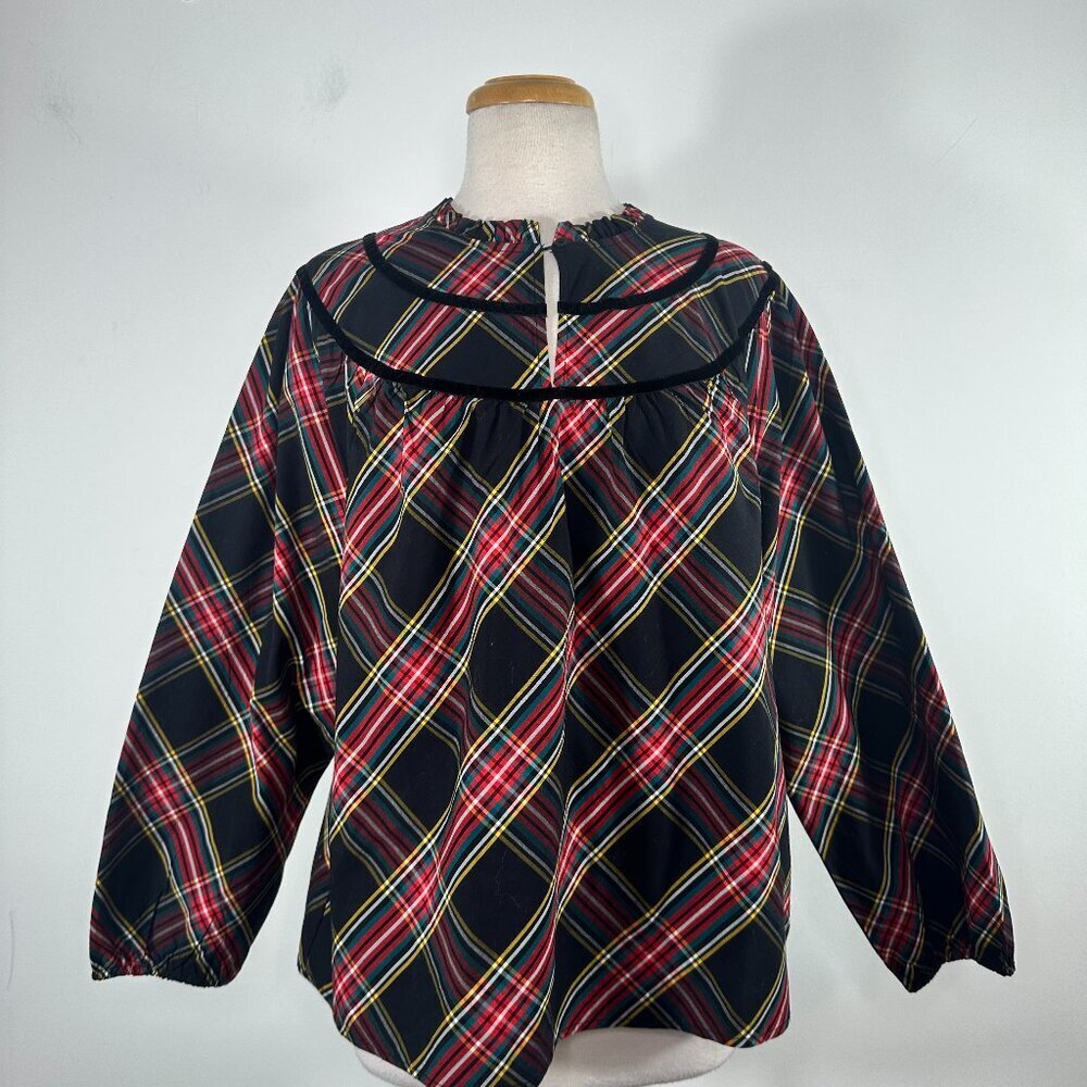 J.Crew Plaid Tartan Ruffle Neck Blouse Multi Color Long Sleeve Sz M-L?
